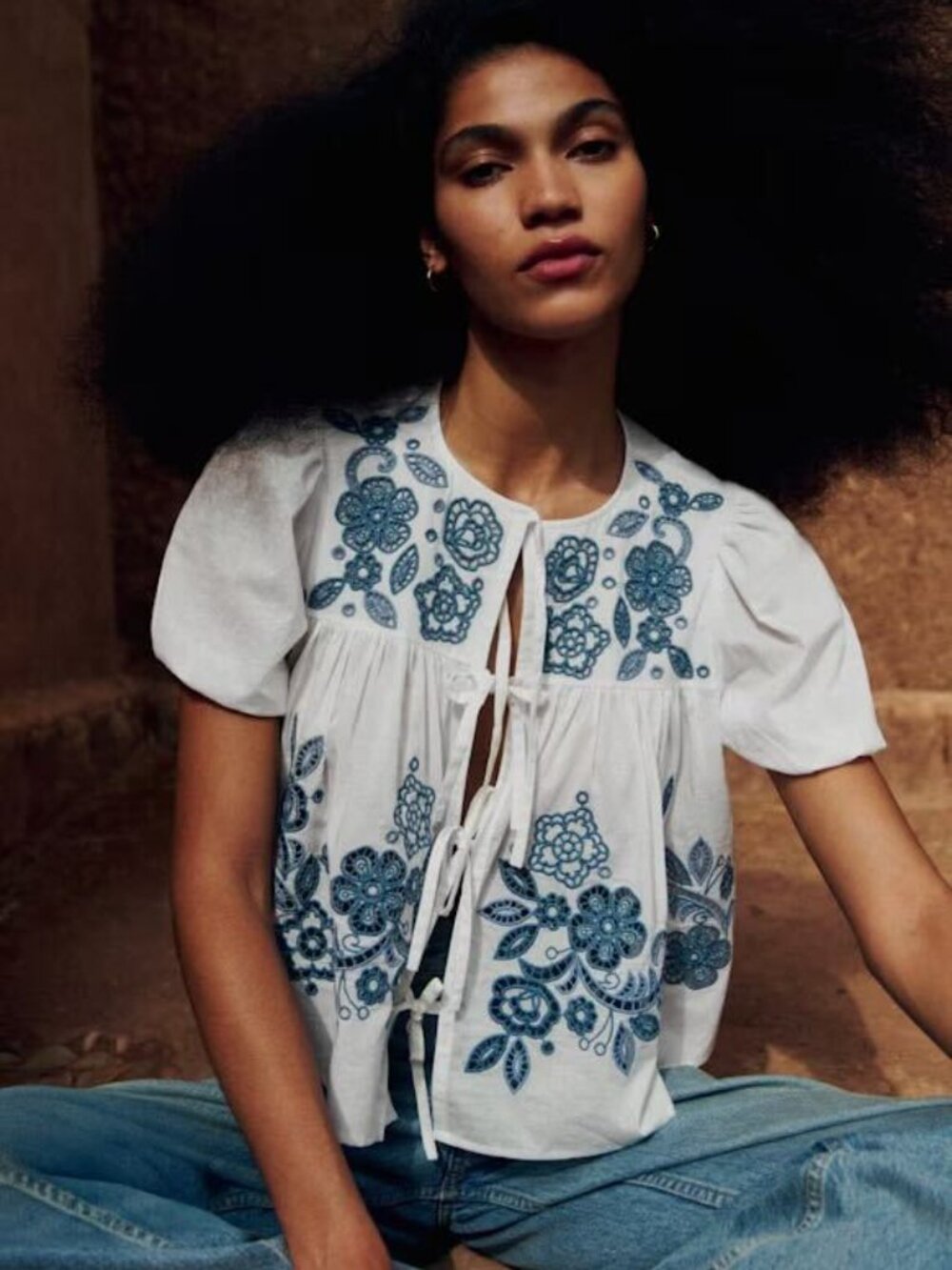 Sezane Alixia Shirt In Ecru With Blue Ochre Embroidery Women's Size US 6/FR 38